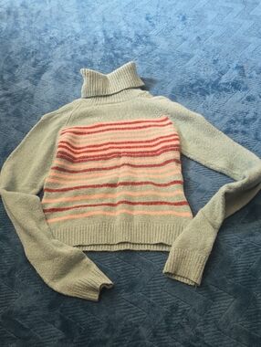 VENUS Light Sage Turtleneck Sweater with Pink and Coral Stripes
